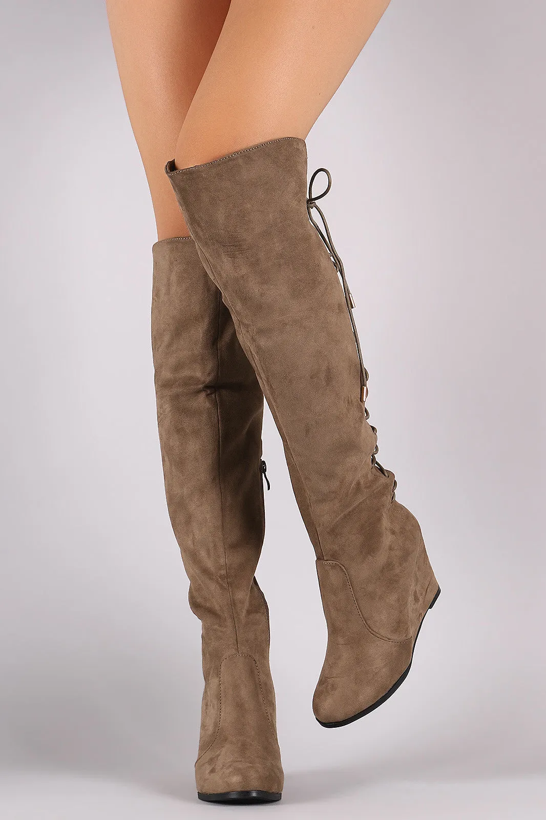 Suede Over-The-Knee Back Corset Wedge Boots