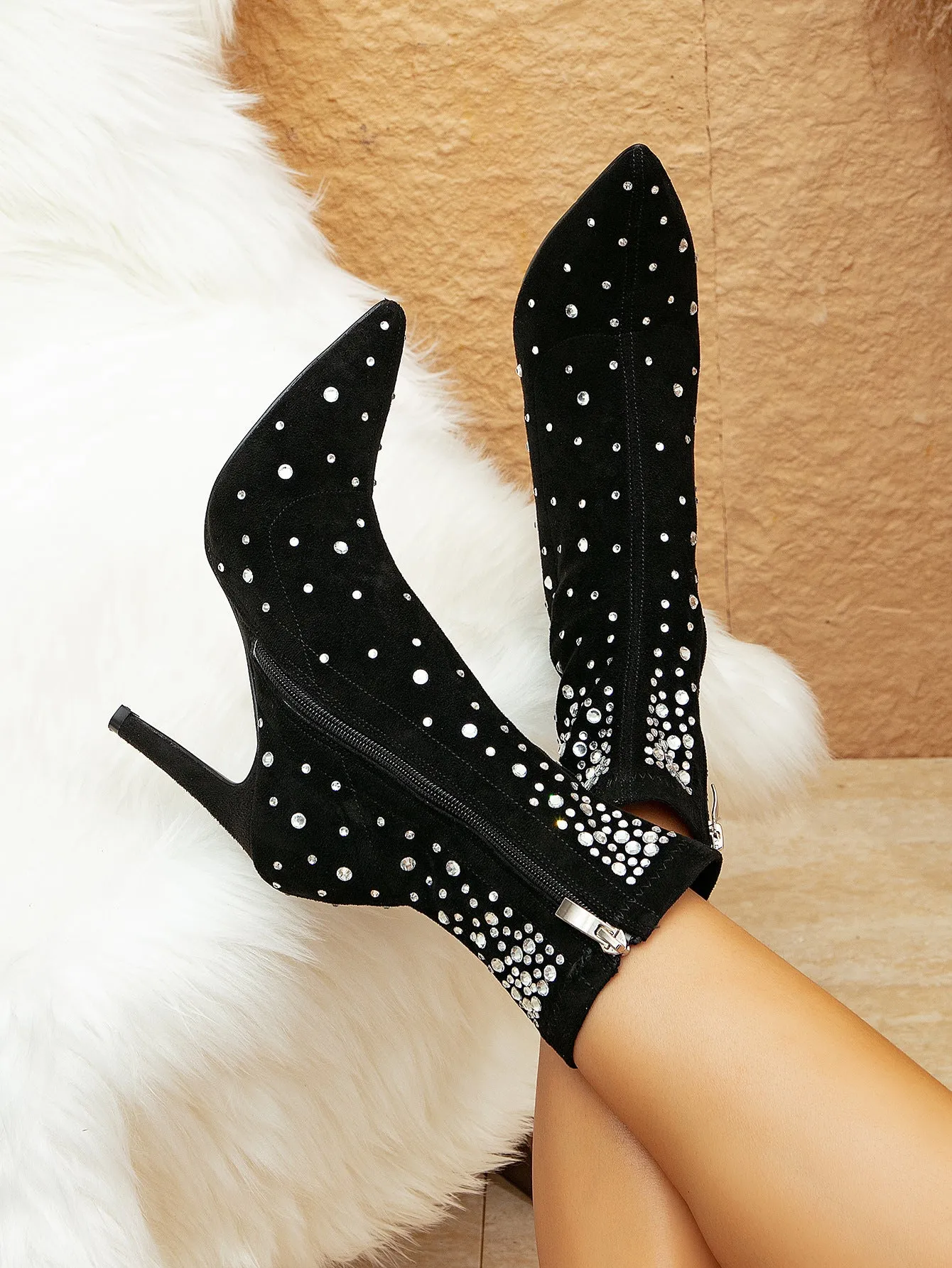 Suede Rhinestone Stiletto Heel Ankle Boots