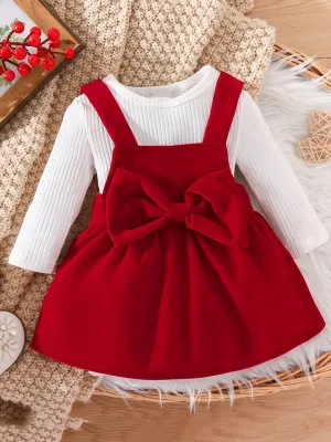 Toddler Baby Girl Spring And Autumn Long-sleeved Triangle Romper Top Bowknot Suspender Skirt Outdoor Set Chrismas 2pcs Outfit