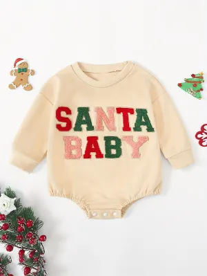 Toddler Girls Baby Boys Matching Romper, SANTA BABY Graphic Sweatshirt Crew Neck Onesie Christmas Casual Clothes, Suitable For Indoor And Outdoor Wear