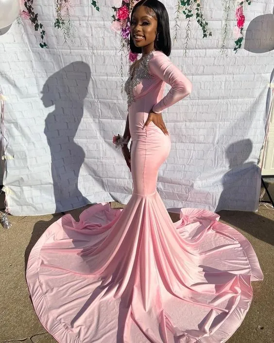 Unique Pink Long Prom Dress One Shoulder Long Sleeve Mermaid Party Dresses