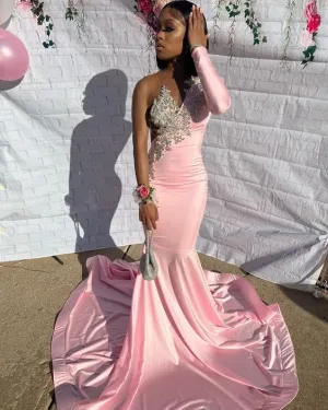 Unique Pink Long Prom Dress One Shoulder Long Sleeve Mermaid Party Dresses