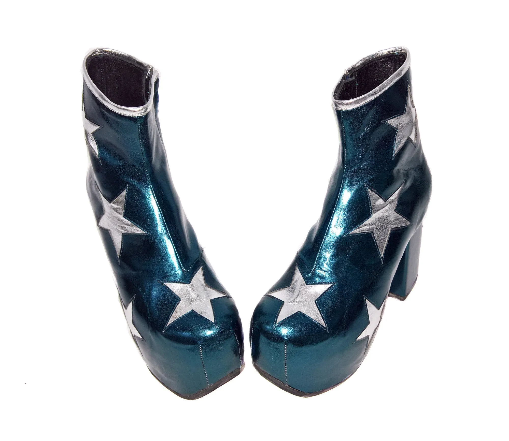 Vegan STARDUST Teal Metallic Platform Ankle Boots with Silver Stars