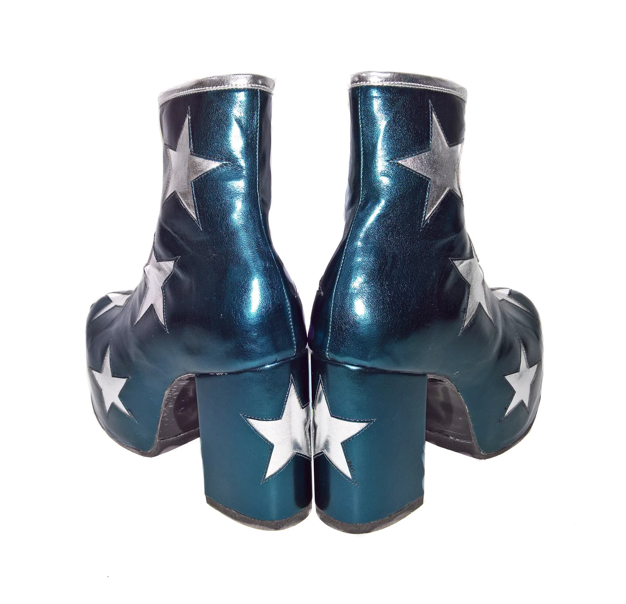 Vegan STARDUST Teal Metallic Platform Ankle Boots with Silver Stars