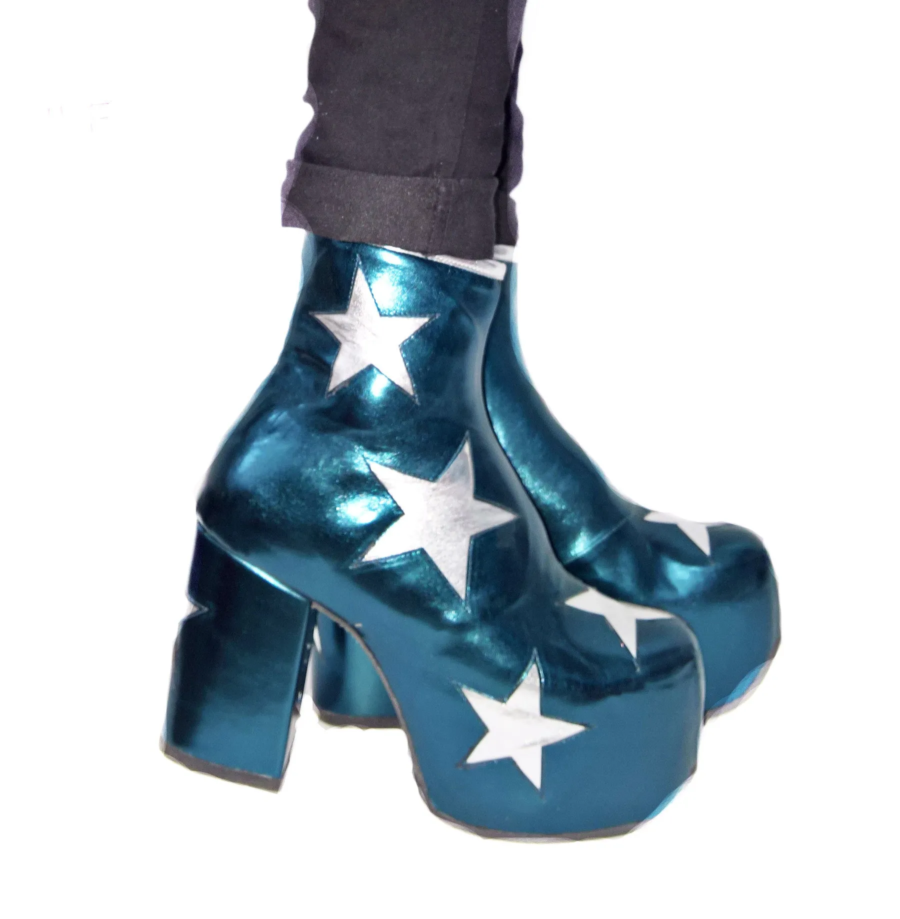 Vegan STARDUST Teal Metallic Platform Ankle Boots with Silver Stars