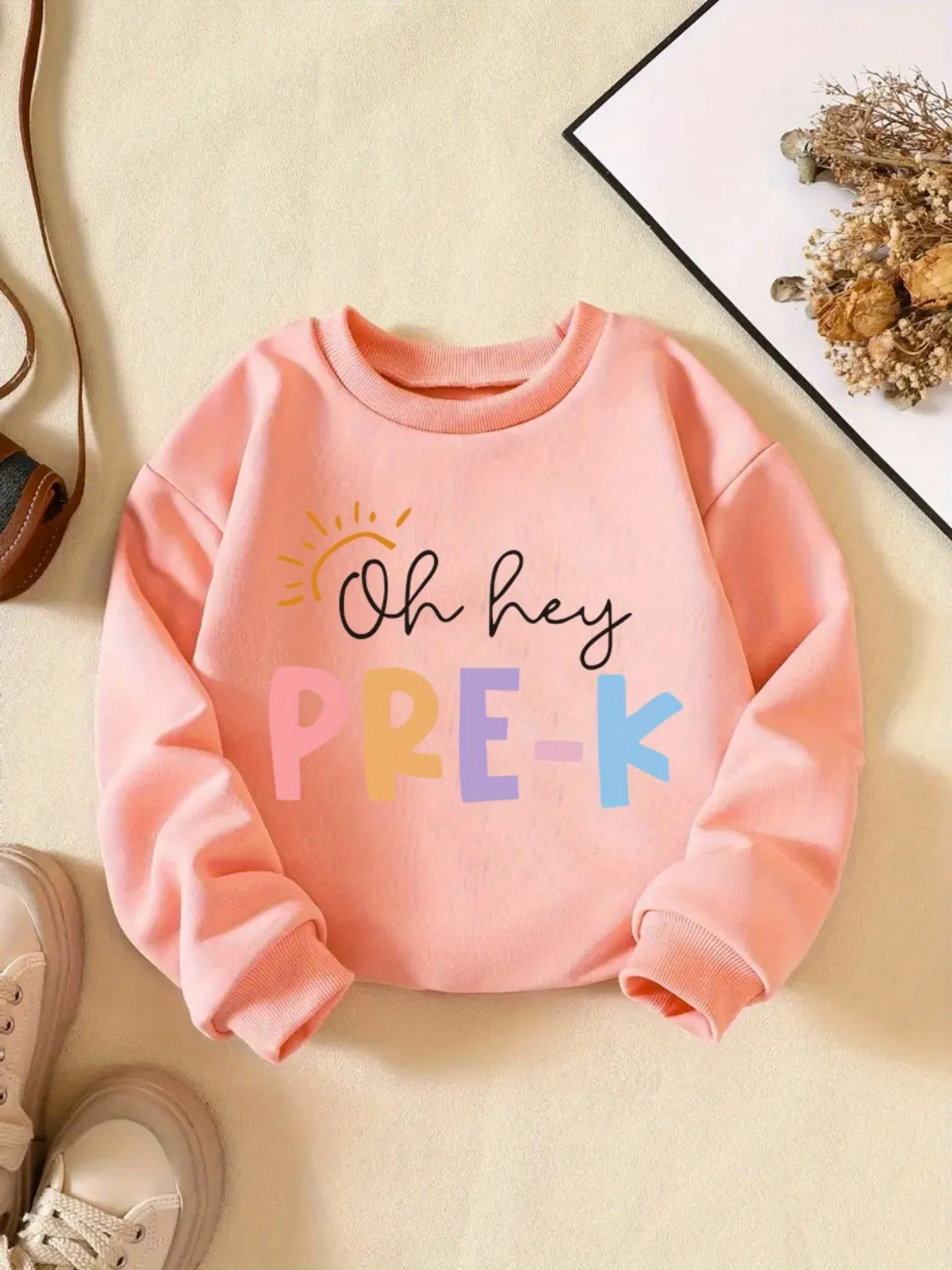 Vibrant PRE-K Lettering Print Girl's Comfy Crew Neck Long Sleeve Sweatshirt - Soft, Breathable, and Cozy for Daily Wear and Outdoor Activities - Perfect for School, Casual Events, and Gift Giving