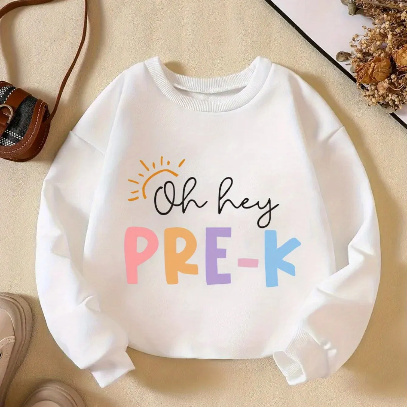 Vibrant PRE-K Lettering Print Girl's Comfy Crew Neck Long Sleeve Sweatshirt - Soft, Breathable, and Cozy for Daily Wear and Outdoor Activities - Perfect for School, Casual Events, and Gift Giving