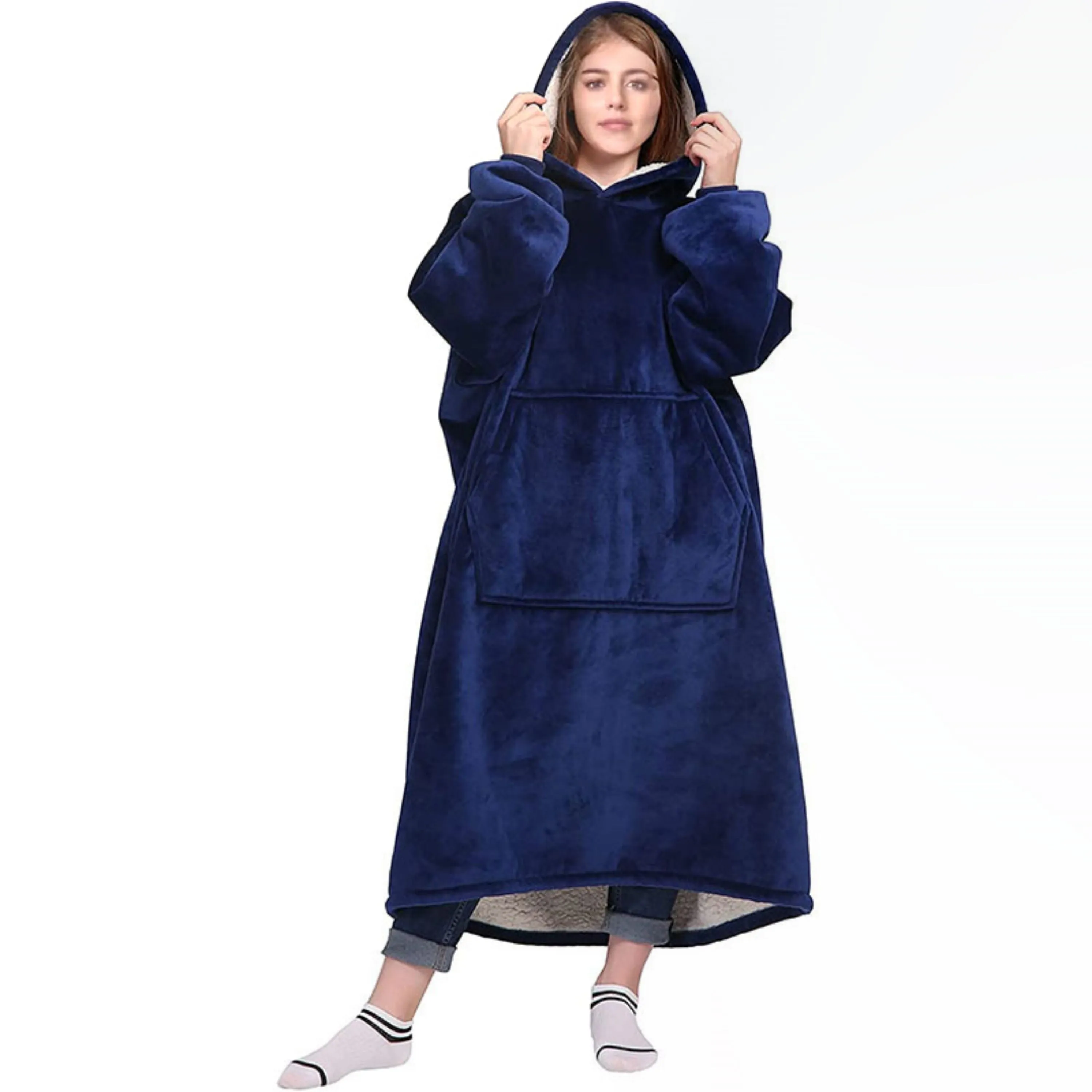 Wearable Blanket Hoodie - 1pc Oversized, Machine Washable, Contemporary Style Hooded Blanket with Pocket - 100% Polyester Flannel, Knitted, No Print Cozy Lounging Robe for Reading, Gaming, Napping, Camping and Outdoor Activities