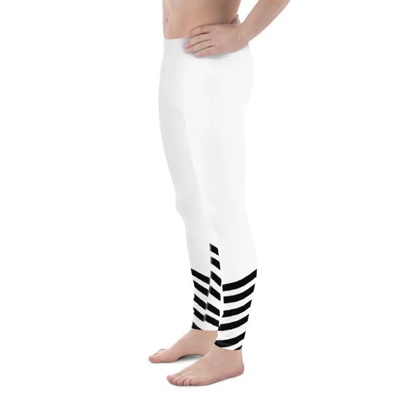 White Black Diagonal Stripe Print Men's Leggings Compression Tights- Made in USA/ EU