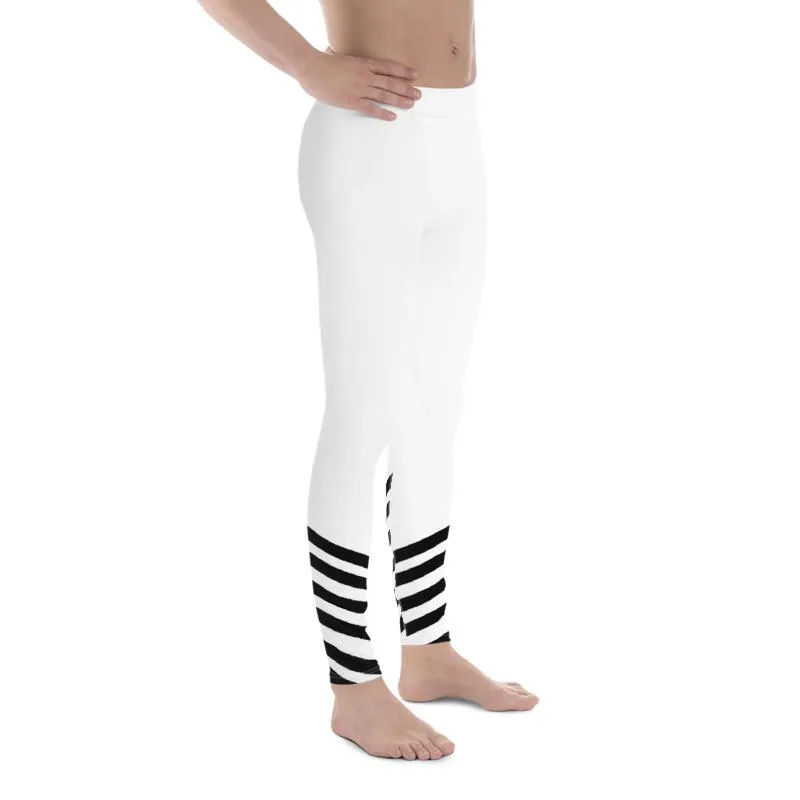 White Black Diagonal Stripe Print Men's Leggings Compression Tights- Made in USA/ EU