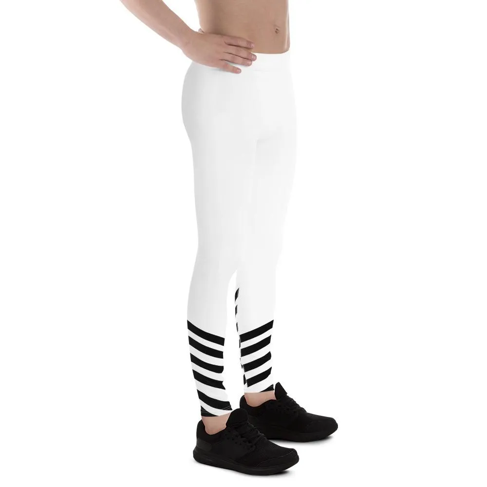 White Black Diagonal Stripe Print Men's Leggings Compression Tights- Made in USA/ EU