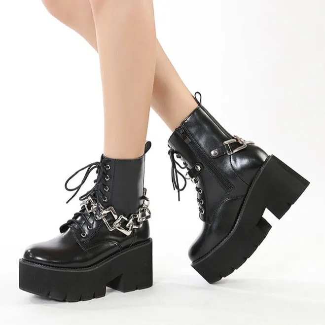 Women motorcycle boots chain decor black lace up chunky heel platform boots