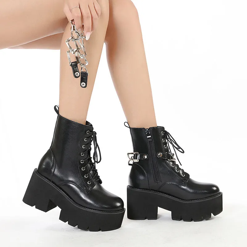 Women motorcycle boots chain decor black lace up chunky heel platform boots