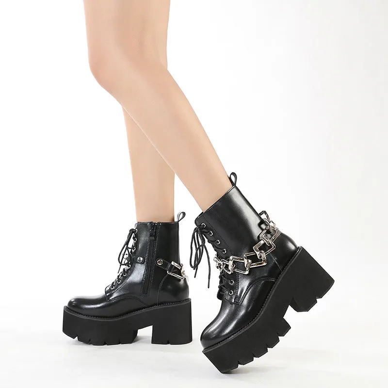 Women motorcycle boots chain decor black lace up chunky heel platform boots