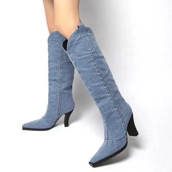 Women square toed chunky high heel denim knee high boots