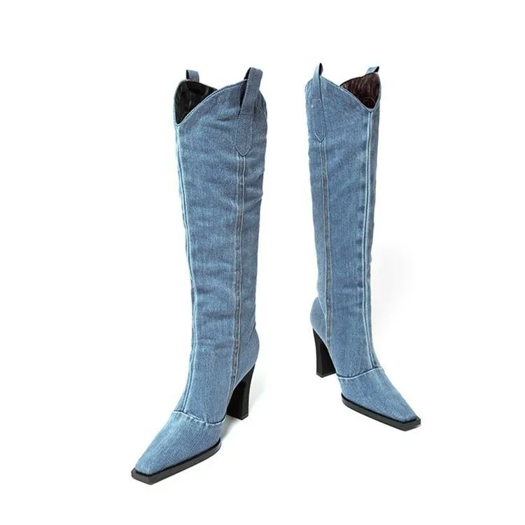 Women square toed chunky high heel denim knee high boots