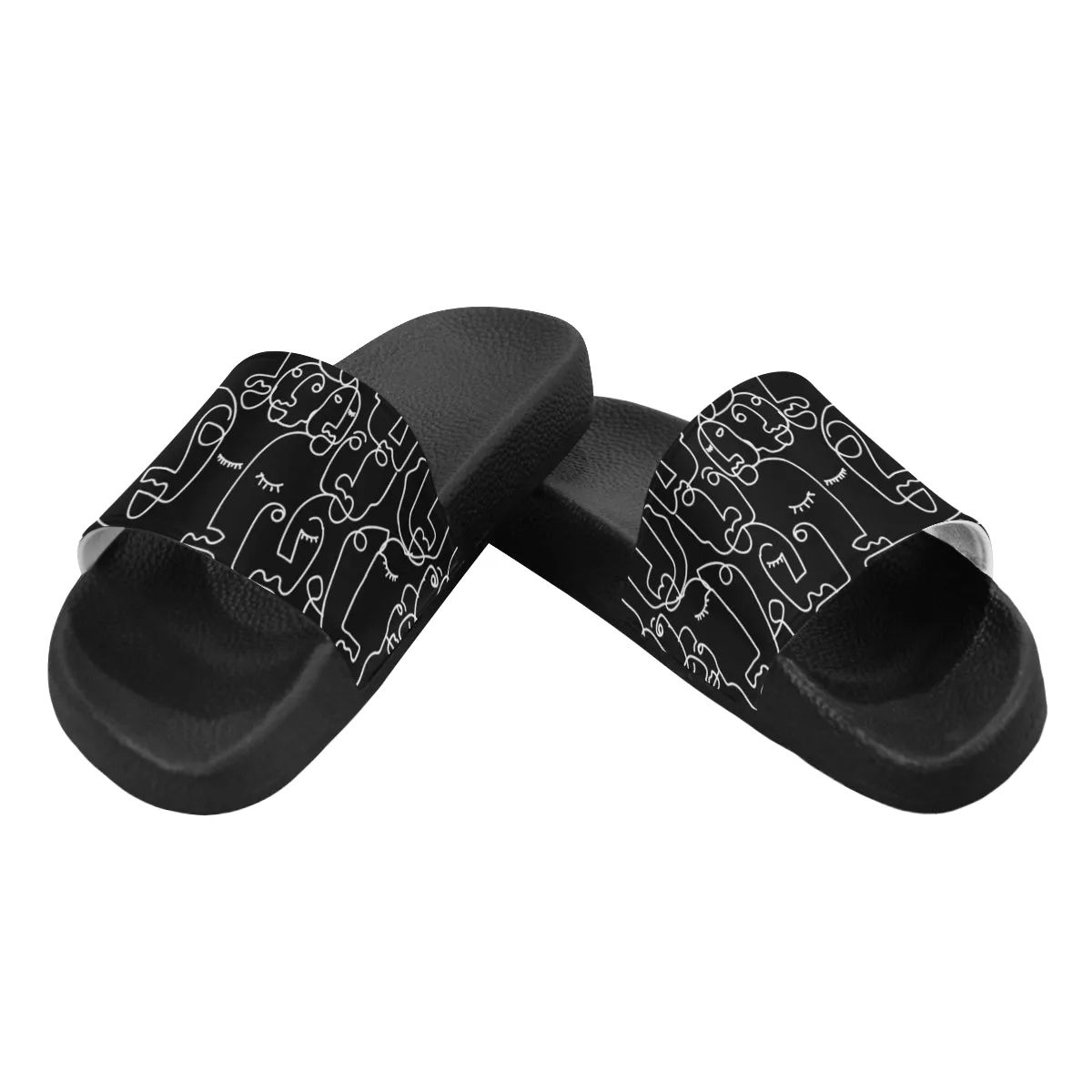 Women's Black Face Doodle Print Sliders Sandal