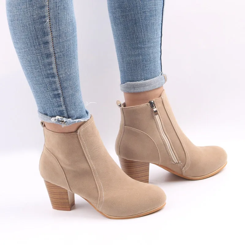 Women's faux suede chunky heels booties with side zipper ankle boots