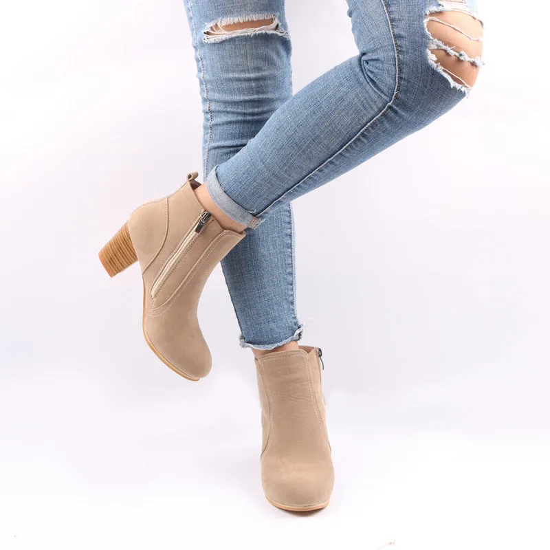 Women's faux suede chunky heels booties with side zipper ankle boots