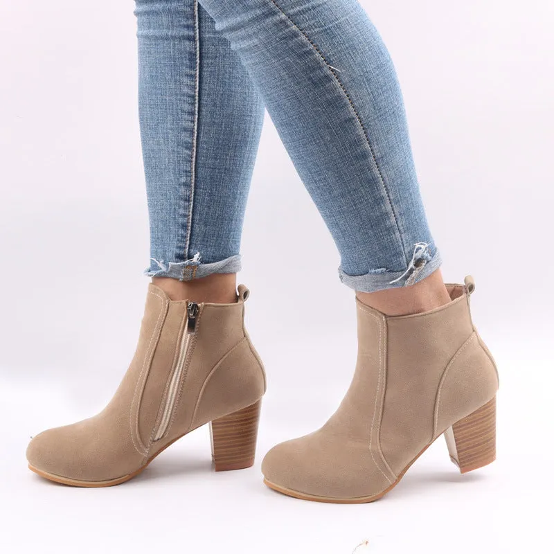 Women's faux suede chunky heels booties with side zipper ankle boots