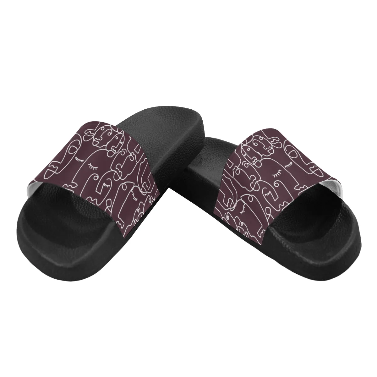 Women's Maroon Face Doodle Print Sliders