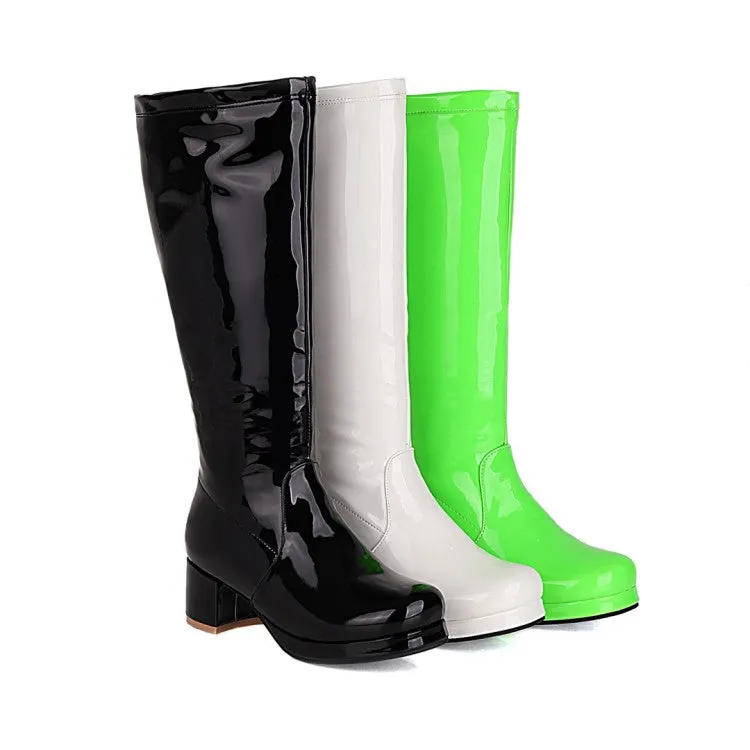 Womens' Patent Leather Block Heels Knee High Boots