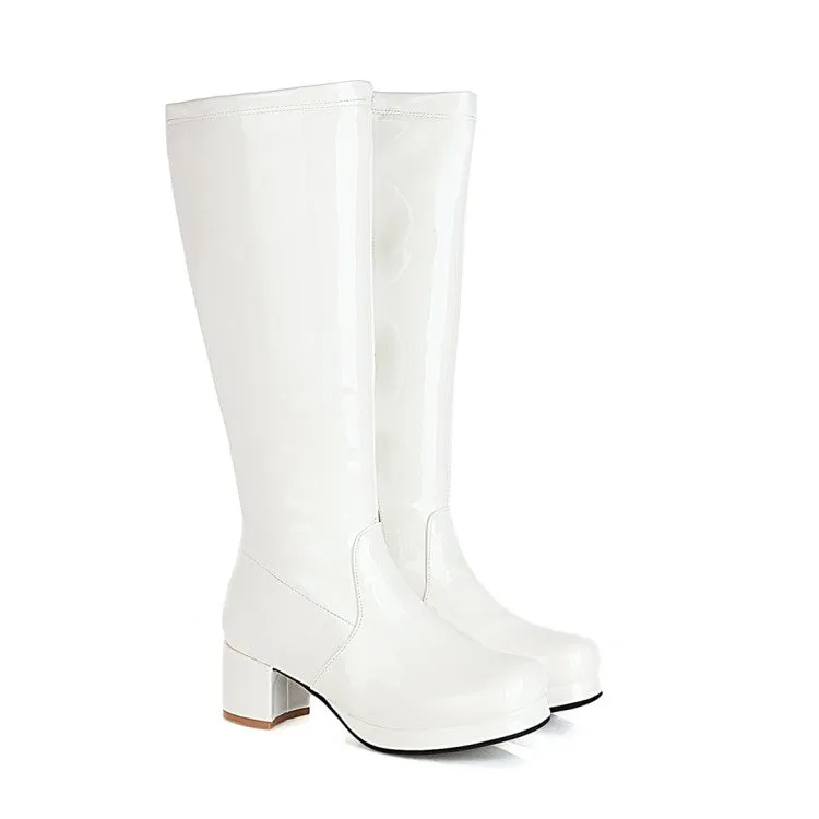 Womens' Patent Leather Block Heels Knee High Boots