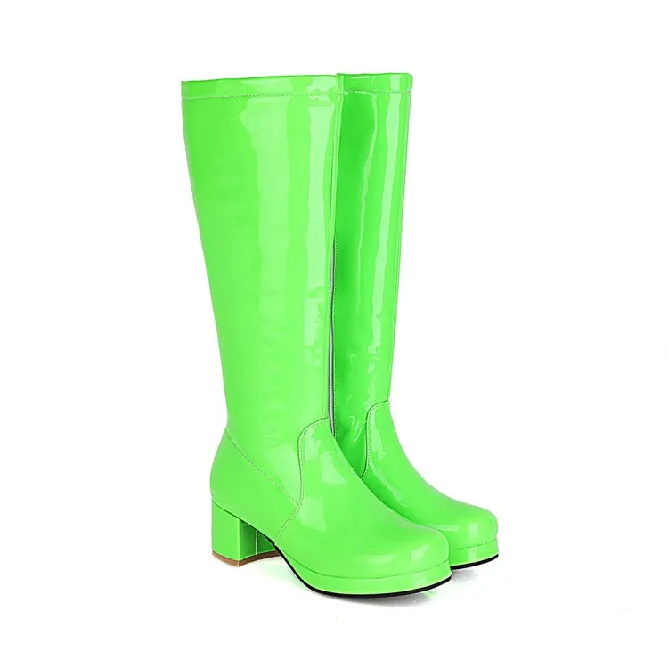 Womens' Patent Leather Block Heels Knee High Boots