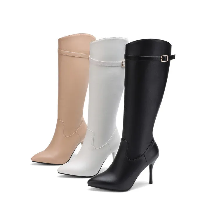 Women's Pointed Toe Buckle Straps Stiletto Heel Zipper Knee High Boots