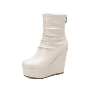 Women's Pu Leather Pleated Wedge Heel Platform Short Boots