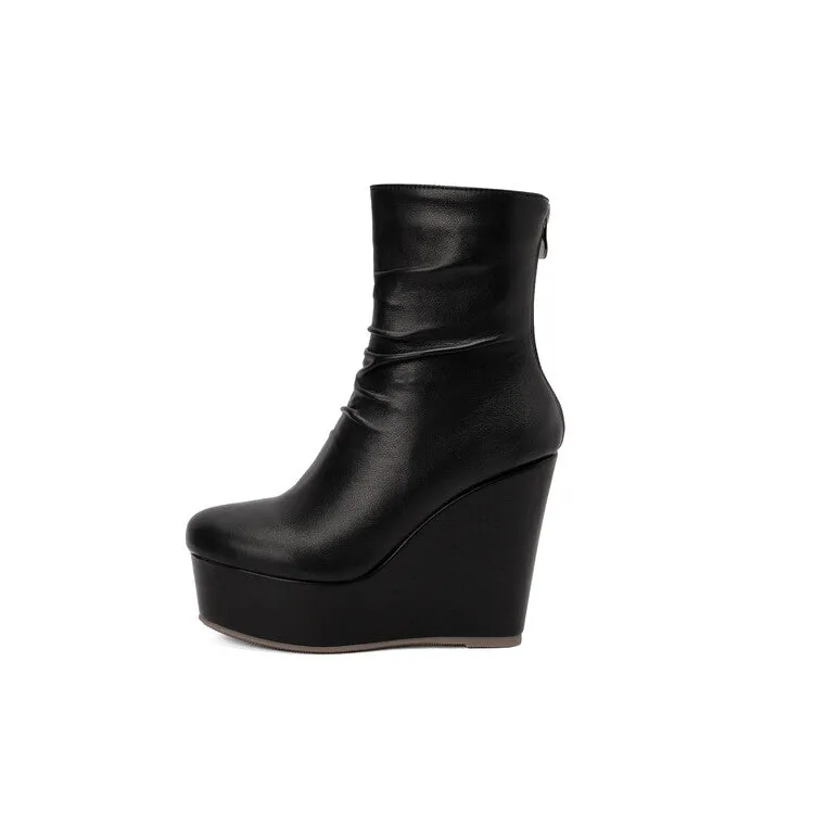 Women's Pu Leather Pleated Wedge Heel Platform Short Boots