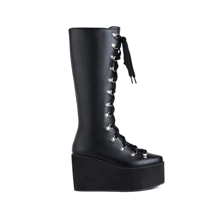 Women's Pu Leather Round Toe Metal Rivets Lace Up Wedge Heel Platform Mid-calf Boots