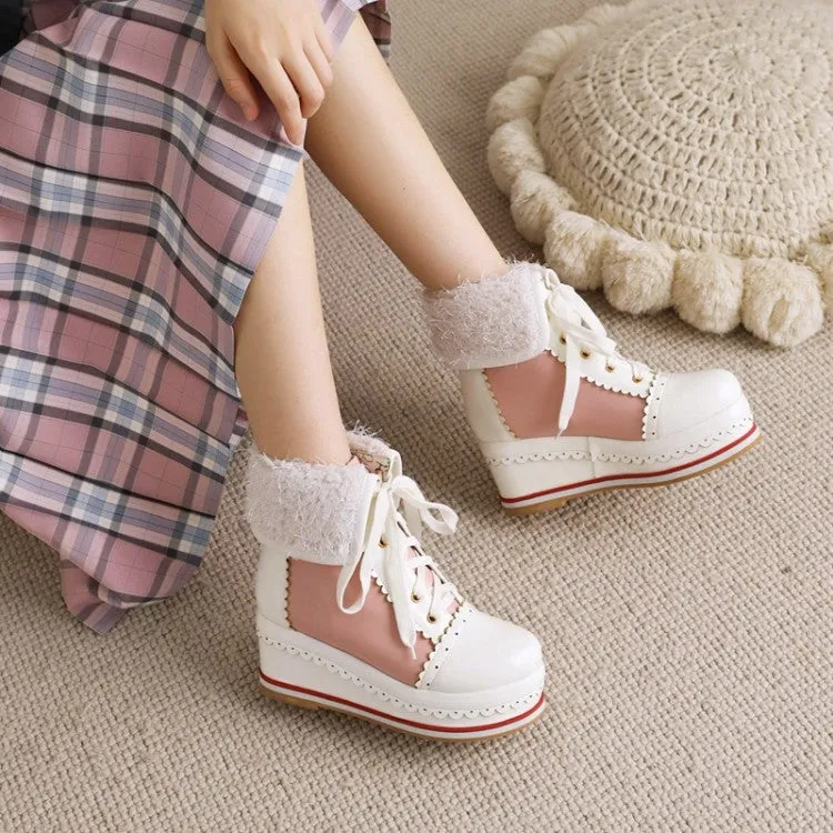 Women's Pu Leather Round Toe Stitching Tied Belts Fold Lamb Wool Platform Wedge Short Boots