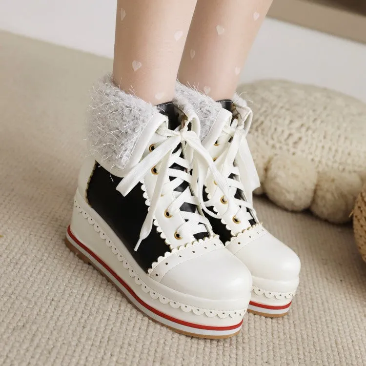 Women's Pu Leather Round Toe Stitching Tied Belts Fold Lamb Wool Platform Wedge Short Boots