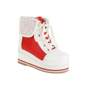 Women's Pu Leather Round Toe Stitching Tied Belts Fold Lamb Wool Platform Wedge Short Boots