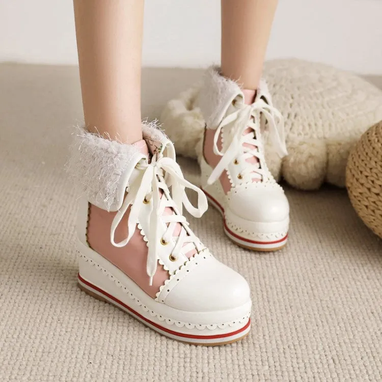 Women's Pu Leather Round Toe Stitching Tied Belts Fold Lamb Wool Platform Wedge Short Boots