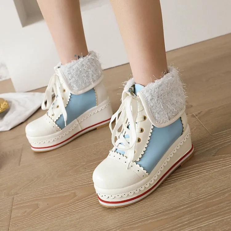 Women's Pu Leather Round Toe Stitching Tied Belts Fold Lamb Wool Platform Wedge Short Boots