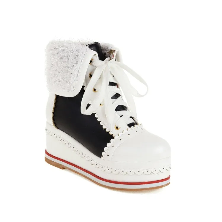 Women's Pu Leather Round Toe Stitching Tied Belts Fold Lamb Wool Platform Wedge Short Boots