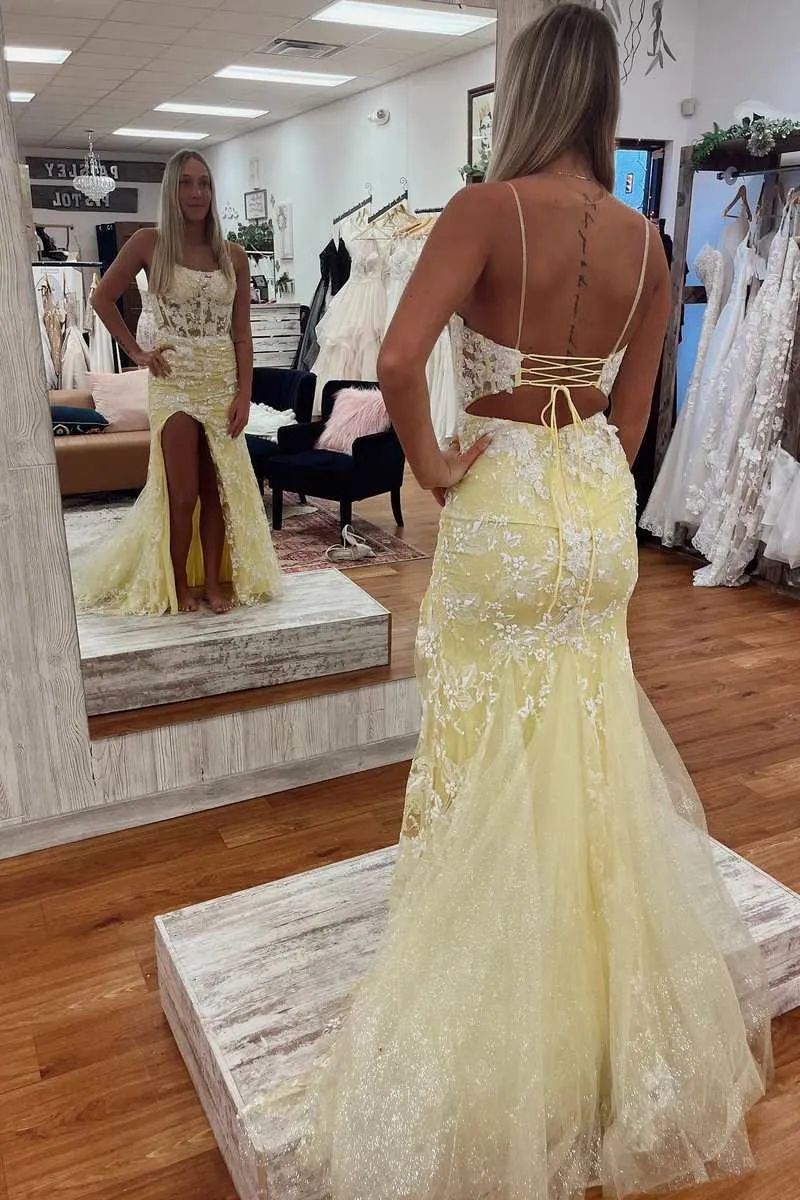 Yellow Floral Lace Backless Mermaid Long Prom Gown with Slit